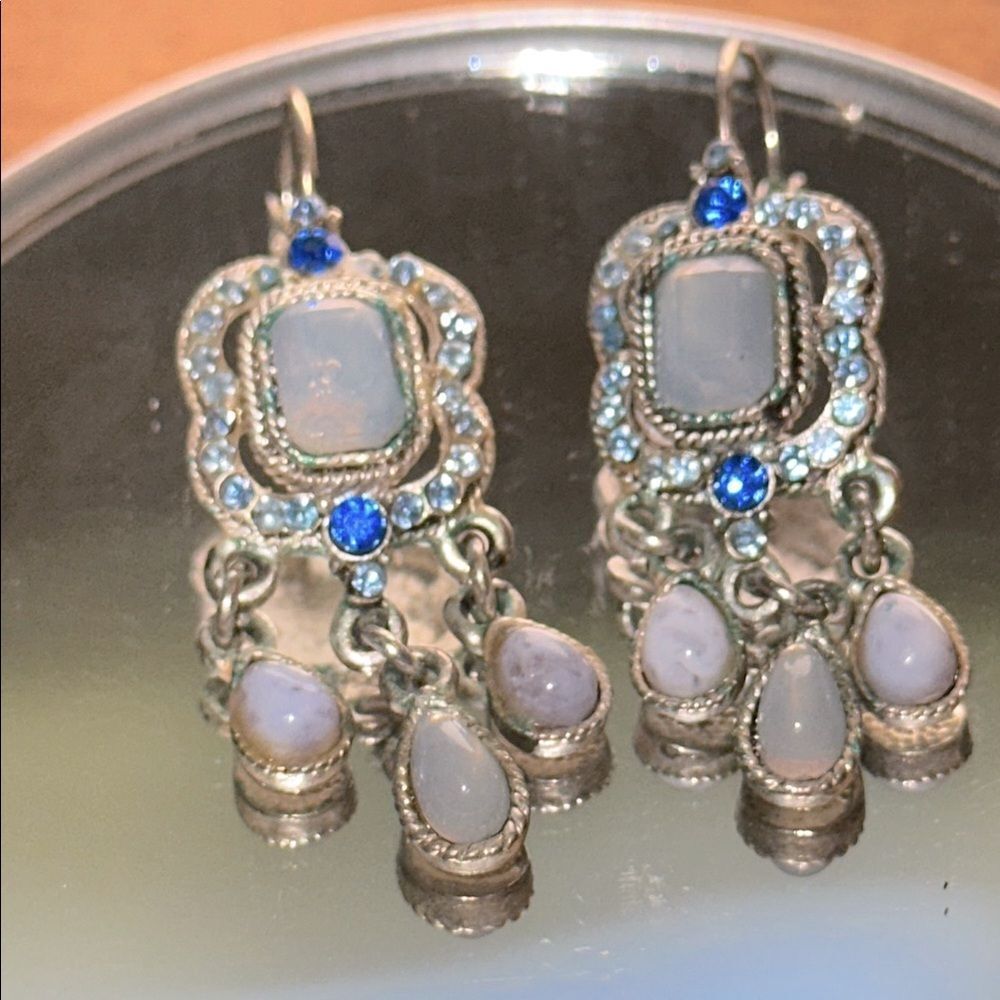 Silver Tone & Light Blue Iridescent Stone Dangle Wire Lever Back Drop‎ Earrings
